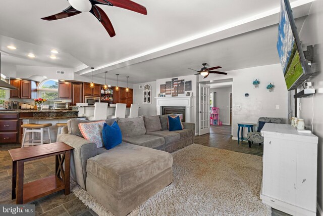 115 Holly Ct, Tuckerton, NJ 08087 - living area featuring ceiling fan, recessed lighting, and a fireplace