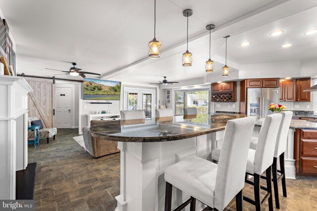 115 Holly Ct, Tuckerton, NJ 08087 - kitchen with a barn door, ceiling fan, stone finish flooring, high end fridge, and recessed lighting