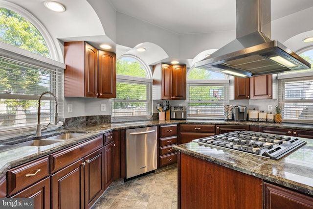 115 Holly Ct, Tuckerton, NJ 08087 - kitchen with island exhaust hood, stainless steel appliances, a sink, and healthy amount of natural light