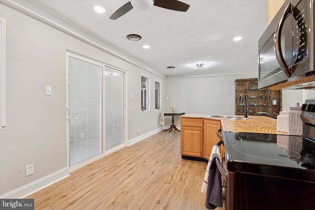 kitchen with stainless steel appliances, light wood finished floors, a sink, a ceiling fan, and light countertops