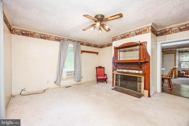 carpeted living room with a ceiling fan and a textured ceiling