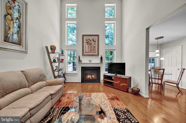 living area featuring light wood-type flooring, a high ceiling, plenty of natural light, a glass covered fireplace, and baseboards