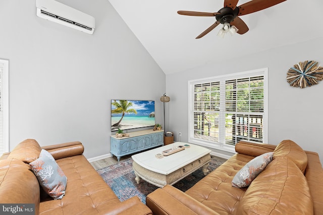 living room featuring a wall unit AC, wood finished floors, a ceiling fan, high vaulted ceiling, and baseboards