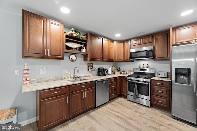 kitchen featuring appliances with stainless steel finishes, a sink, light wood-style flooring, open shelves, and recessed lighting