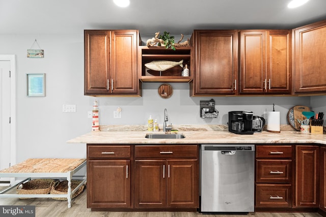 kitchen with dishwasher, a sink, wood finished floors, open shelves, and recessed lighting
