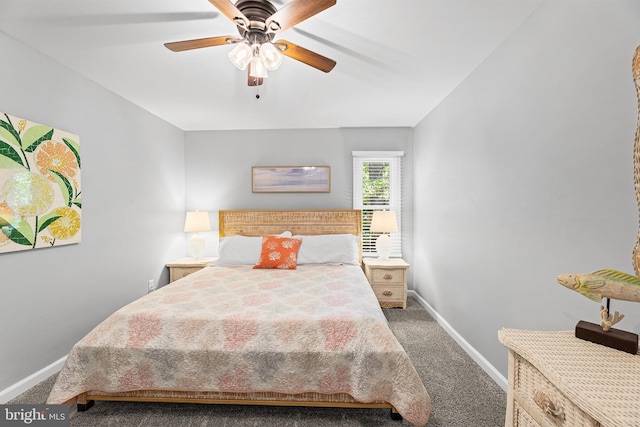 carpeted bedroom with baseboards and ceiling fan