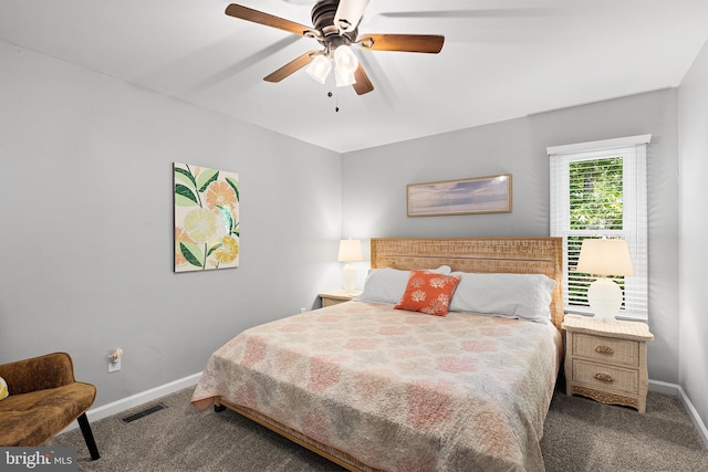 bedroom with carpet flooring, baseboards, and ceiling fan