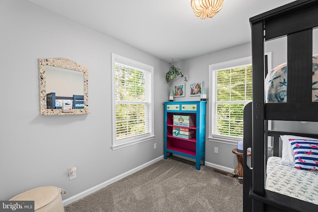 bedroom featuring multiple windows, baseboards, and carpet