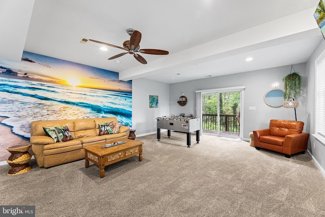 living area with carpet, a ceiling fan, recessed lighting, and baseboards