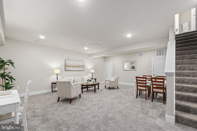 1334 S Quinn St, Arlington, VA 22204 - living area featuring stairway, carpet, baseboards, and recessed lighting