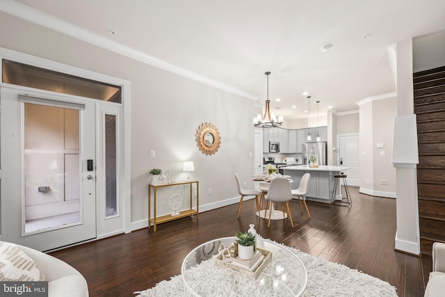 1334 S Quinn St, Arlington, VA 22204 - living area featuring ornamental molding, a chandelier, dark wood-type flooring, baseboards, and recessed lighting