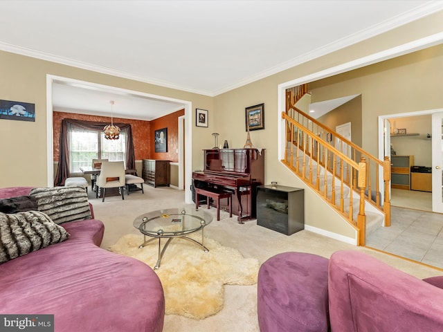 109 Galyn Dr, Brunswick, MD 21758 - living area featuring stairway, crown molding, a chandelier, carpet flooring, and baseboards