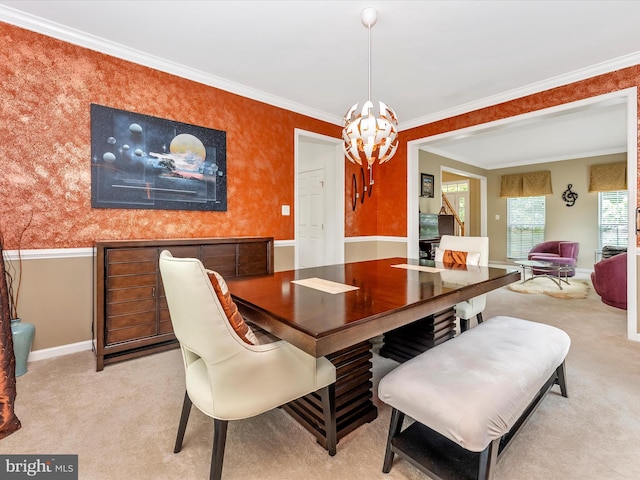 109 Galyn Dr, Brunswick, MD 21758 - dining room with light carpet, a chandelier, baseboards, ornamental molding, and wallpapered walls
