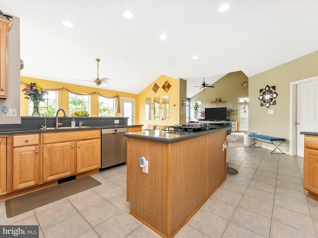 109 Galyn Dr, Brunswick, MD 21758 - kitchen with dishwasher, a ceiling fan, a sink, lofted ceiling, and dark countertops