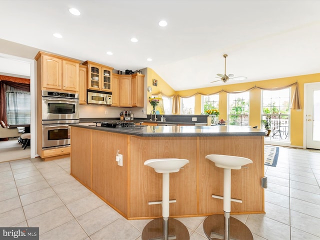 109 Galyn Dr, Brunswick, MD 21758 - kitchen with stainless steel appliances, dark countertops, a kitchen island, a sink, and glass insert cabinets