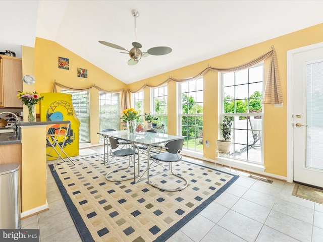 109 Galyn Dr, Brunswick, MD 21758 - dining area featuring ceiling fan, lofted ceiling, light tile patterned floors, and baseboards