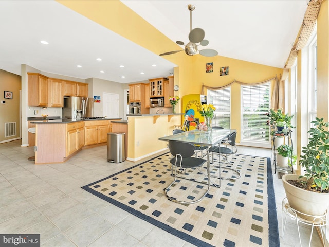 109 Galyn Dr, Brunswick, MD 21758 - kitchen with stainless steel appliances, light brown cabinetry, a peninsula, light tile patterned floors, and glass insert cabinets