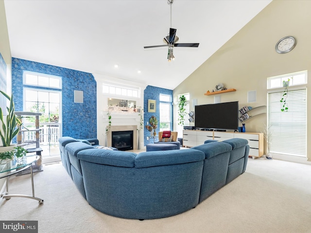 109 Galyn Dr, Brunswick, MD 21758 - carpeted living room with a glass covered fireplace, high vaulted ceiling, and ceiling fan