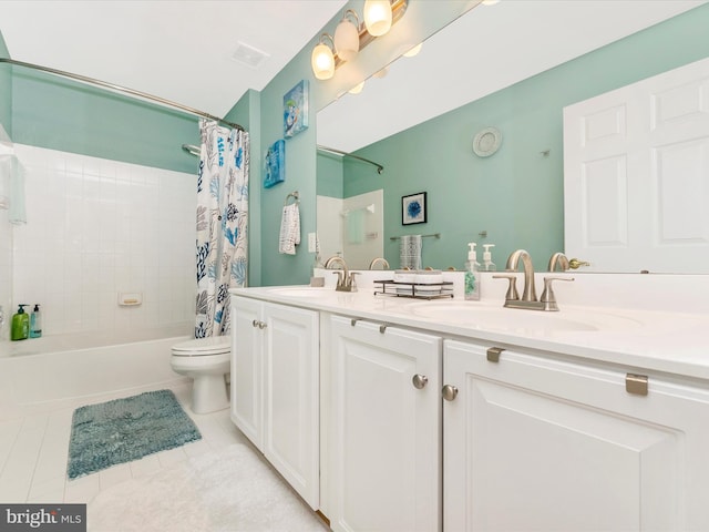 109 Galyn Dr, Brunswick, MD 21758 - full bathroom featuring toilet, double vanity, shower / tub combo with curtain, and tile patterned flooring