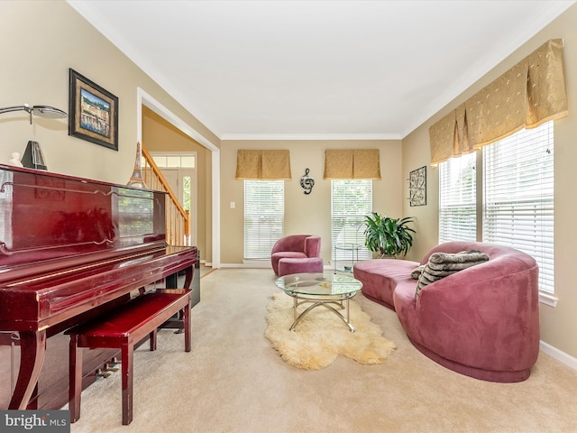 109 Galyn Dr, Brunswick, MD 21758 - living area with carpet flooring, crown molding, stairs, and baseboards
