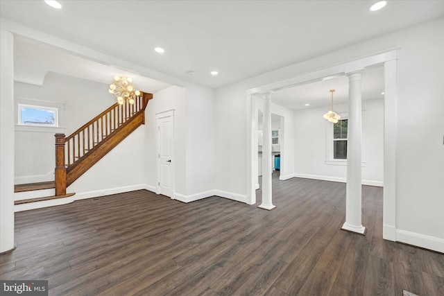 1127 Chesaco Ave, Rosedale, MD 21237 - unfurnished living room with dark wood-style flooring, baseboards, recessed lighting, and stairs