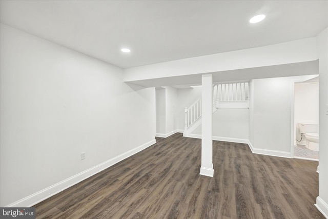 1127 Chesaco Ave, Rosedale, MD 21237 - finished below grade area with dark wood-style floors, baseboards, stairway, and recessed lighting