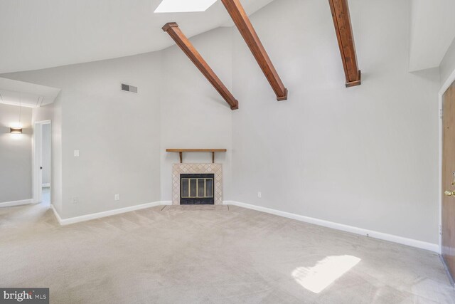 2101 N Taft St Unit 123, Arlington, VA 22201 - unfurnished living room featuring high vaulted ceiling, carpet floors, attic access, a fireplace, and beamed ceiling