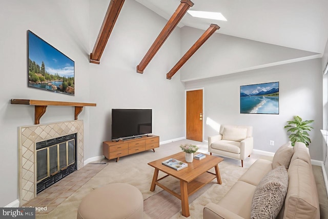 2101 N Taft St Unit 123, Arlington, VA 22201 - living area featuring high vaulted ceiling, carpet, a fireplace, and beam ceiling