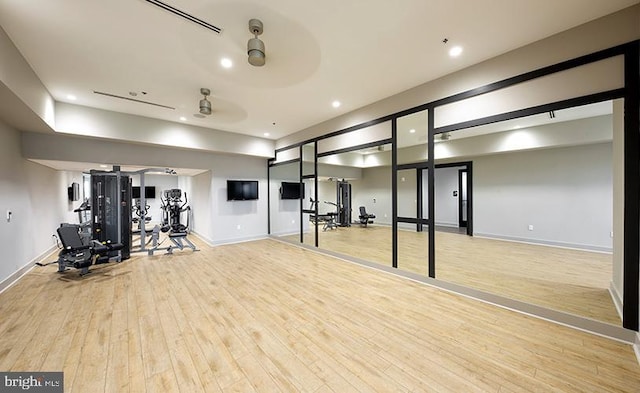 gym with wood finished floors, baseboards, ceiling fan, and recessed lighting