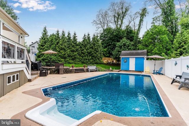 115 Diller Rd, New Cumberland, PA 17070 - view of pool featuring a patio, a fenced backyard, an outbuilding, a storage shed, and grilling area