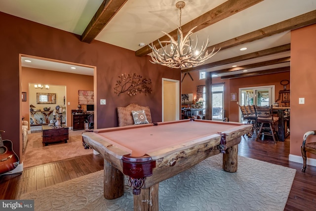 rec room with a chandelier, beam ceiling, wood finished floors, pool table, and recessed lighting
