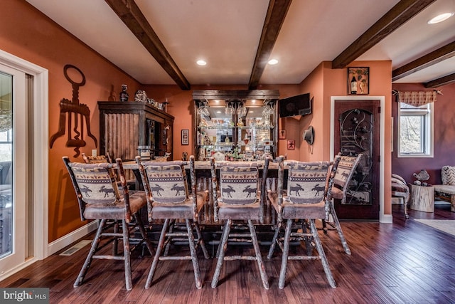 indoor bar featuring beam ceiling, baseboards, dark wood-style flooring, and recessed lighting