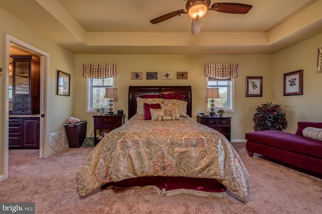 bedroom featuring carpet flooring, multiple windows, and a tray ceiling