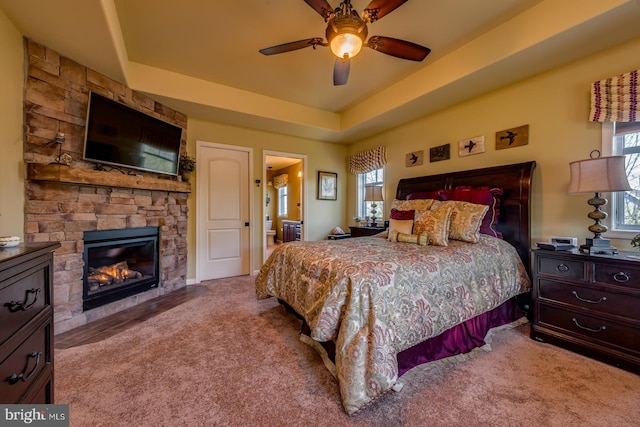 carpeted bedroom featuring multiple windows, a fireplace, and a raised ceiling