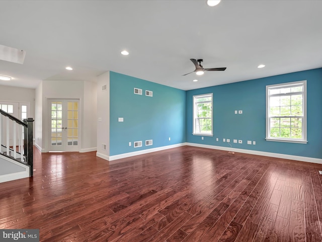 226 Crimson Ln, Elizabethtown, PA 17022 - empty room featuring a ceiling fan, baseboards, dark wood finished floors, recessed lighting, and french doors