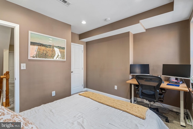 carpeted bedroom featuring recessed lighting, baseboards, and an office area