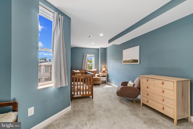 bedroom featuring carpet floors, baseboards, and recessed lighting
