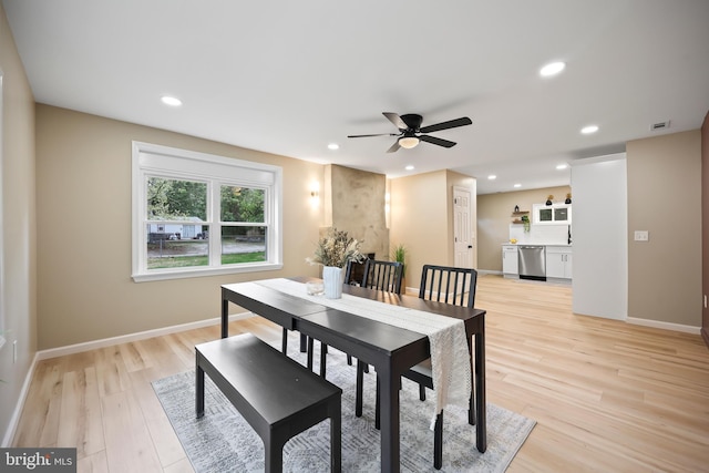 702 Lupin St, Browns Mills, NJ 08015 - dining area with light wood-style floors, a ceiling fan, recessed lighting, and baseboards