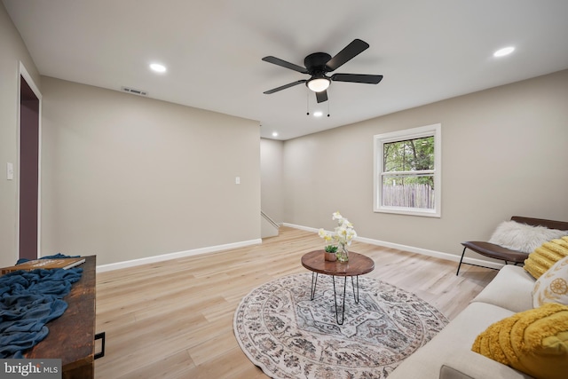 702 Lupin St, Browns Mills, NJ 08015 - living room featuring wood finished floors, a ceiling fan, baseboards, and recessed lighting