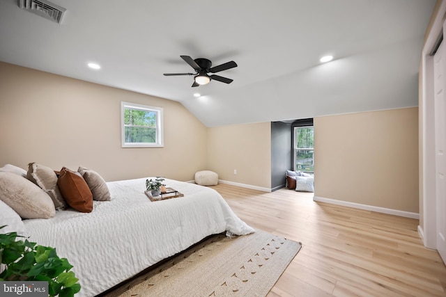 702 Lupin St, Browns Mills, NJ 08015 - bedroom with light wood-style flooring, baseboards, lofted ceiling, recessed lighting, and a ceiling fan
