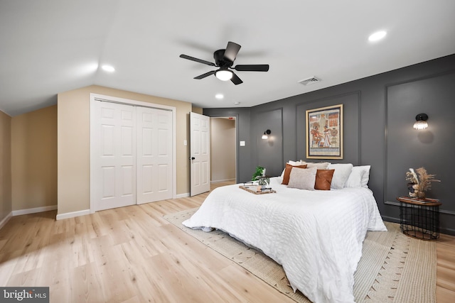 702 Lupin St, Browns Mills, NJ 08015 - bedroom featuring light wood finished floors, baseboards, a closet, recessed lighting, and a ceiling fan