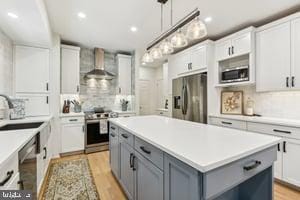 11050 Stonebrook Dr, Manassas, VA 20112 - kitchen with appliances with stainless steel finishes, wall chimney range hood, a sink, gray cabinetry, and a kitchen island