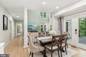11050 Stonebrook Dr, Manassas, VA 20112 - dining area featuring light wood-style flooring, recessed lighting, and ornate columns