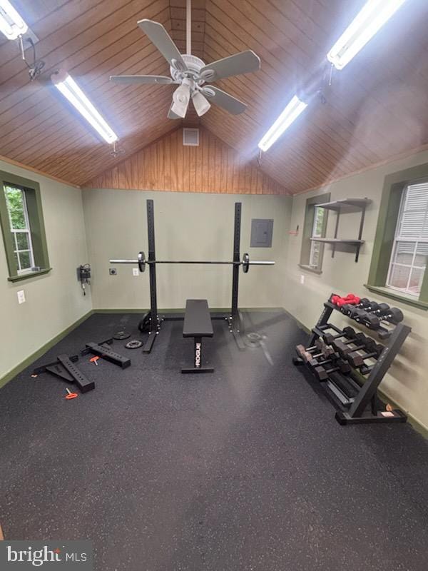11050 Stonebrook Dr, Manassas, VA 20112 - exercise room with vaulted ceiling, wood ceiling, baseboards, a ceiling fan, and electric panel