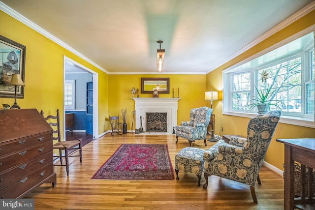 living area with wood finished floors, ornamental molding, baseboards, and a fireplace