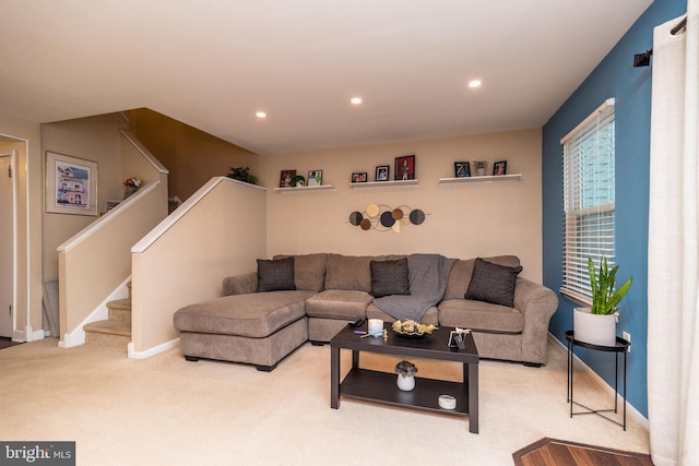 living room with stairway, carpet, baseboards, and recessed lighting