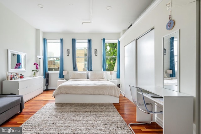 bedroom with wood finished floors and a closet