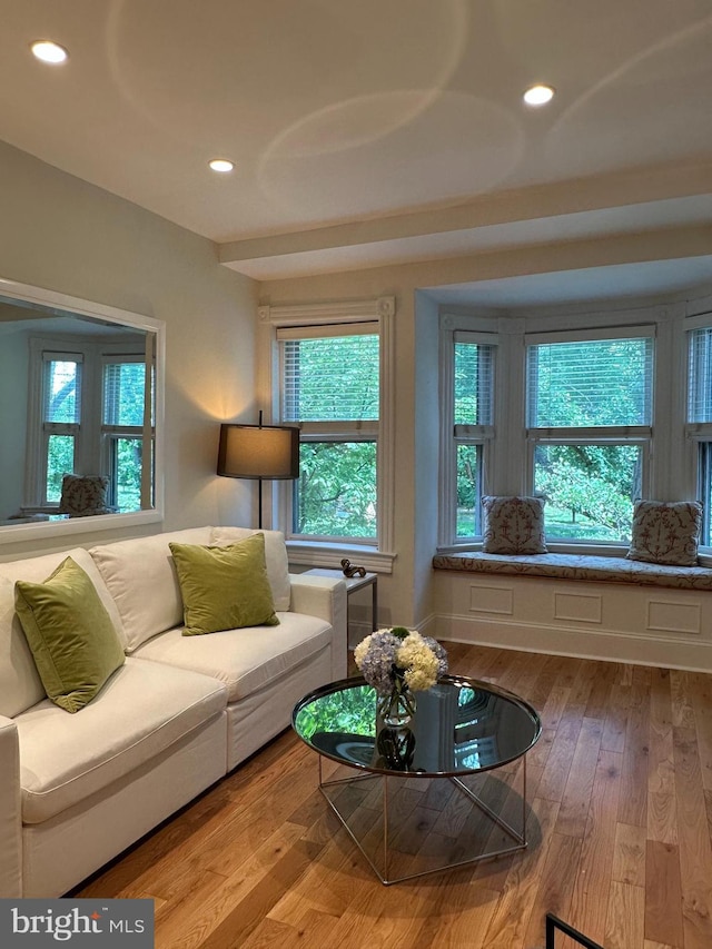 living area featuring healthy amount of natural light, wood finished floors, and recessed lighting