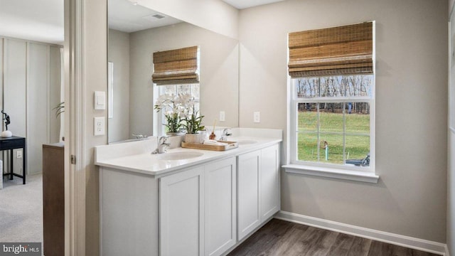 bathroom featuring healthy amount of natural light, baseboards, double vanity, and wood finished floors