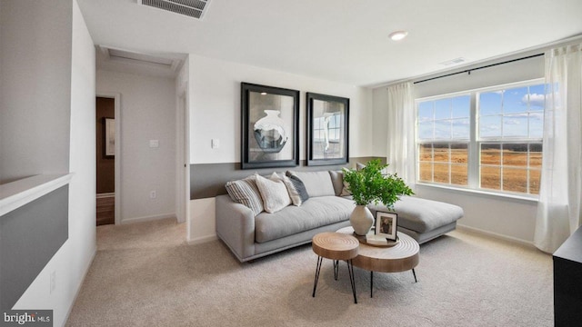 living area with carpet, attic access, and baseboards